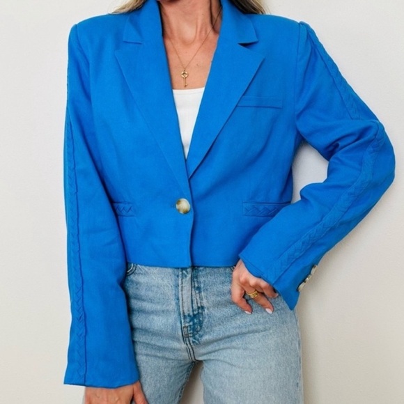 Jason Wu Linen Cropped Blazer Pant Suit Braided Trim Blue Women Size 1… - Picture 2 of 16